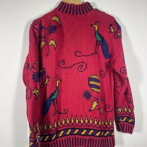 Vintage Hand Knitted Red Bird Print Mackinaw Sweater Linen Blend High Neck M/L!